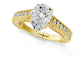Yellow gold Pear Cut Pave Band Milgrain Solitaire Ring_29
