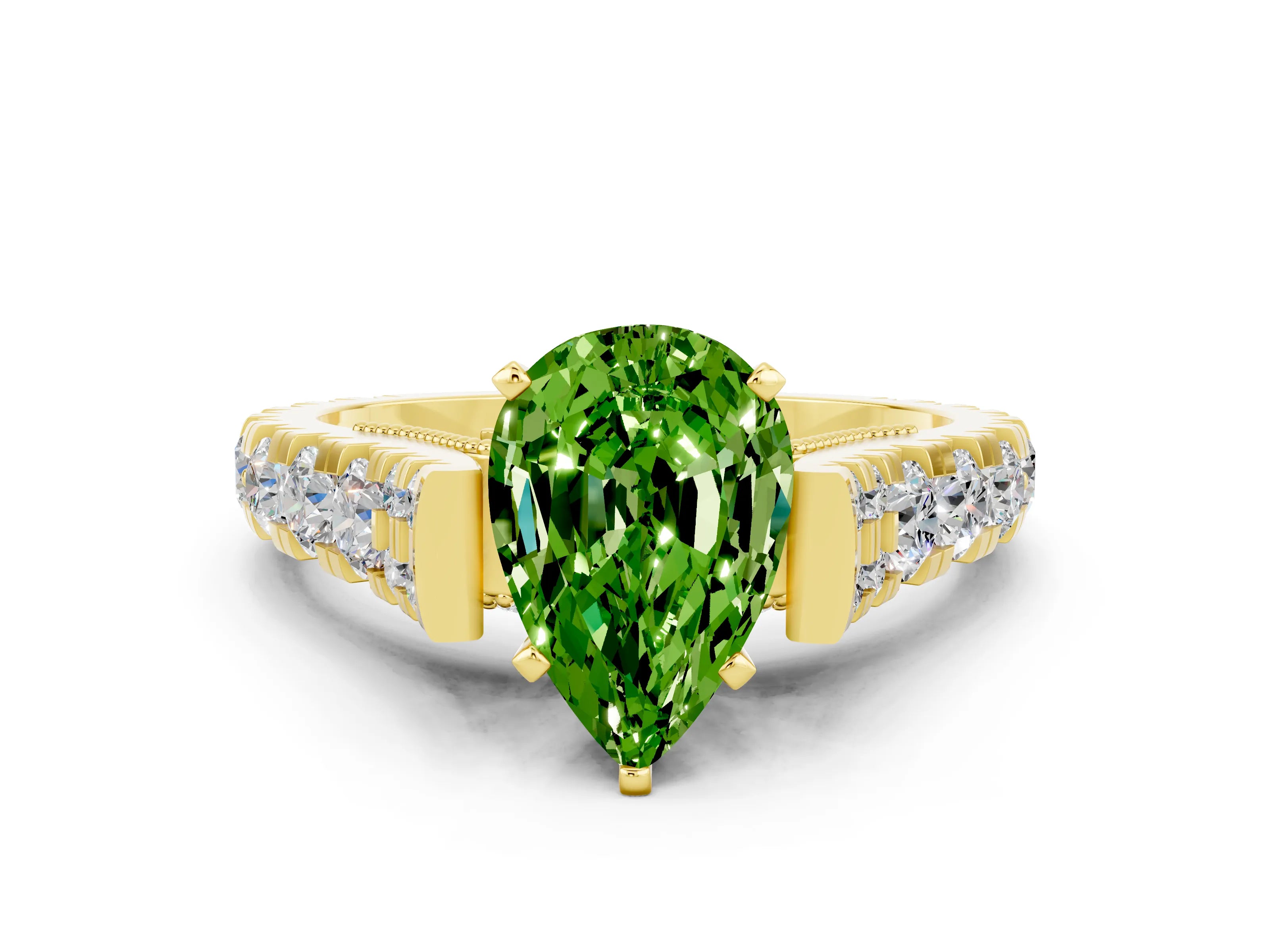 Yellow gold Pear Cut Peridot Classic Solitaire Ring with Pavé Band and Four-Prong Setting