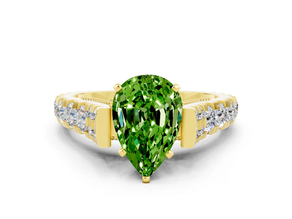 Yellow gold Pear Cut Peridot Classic Solitaire Ring with Pavé Band and Four-Prong Setting