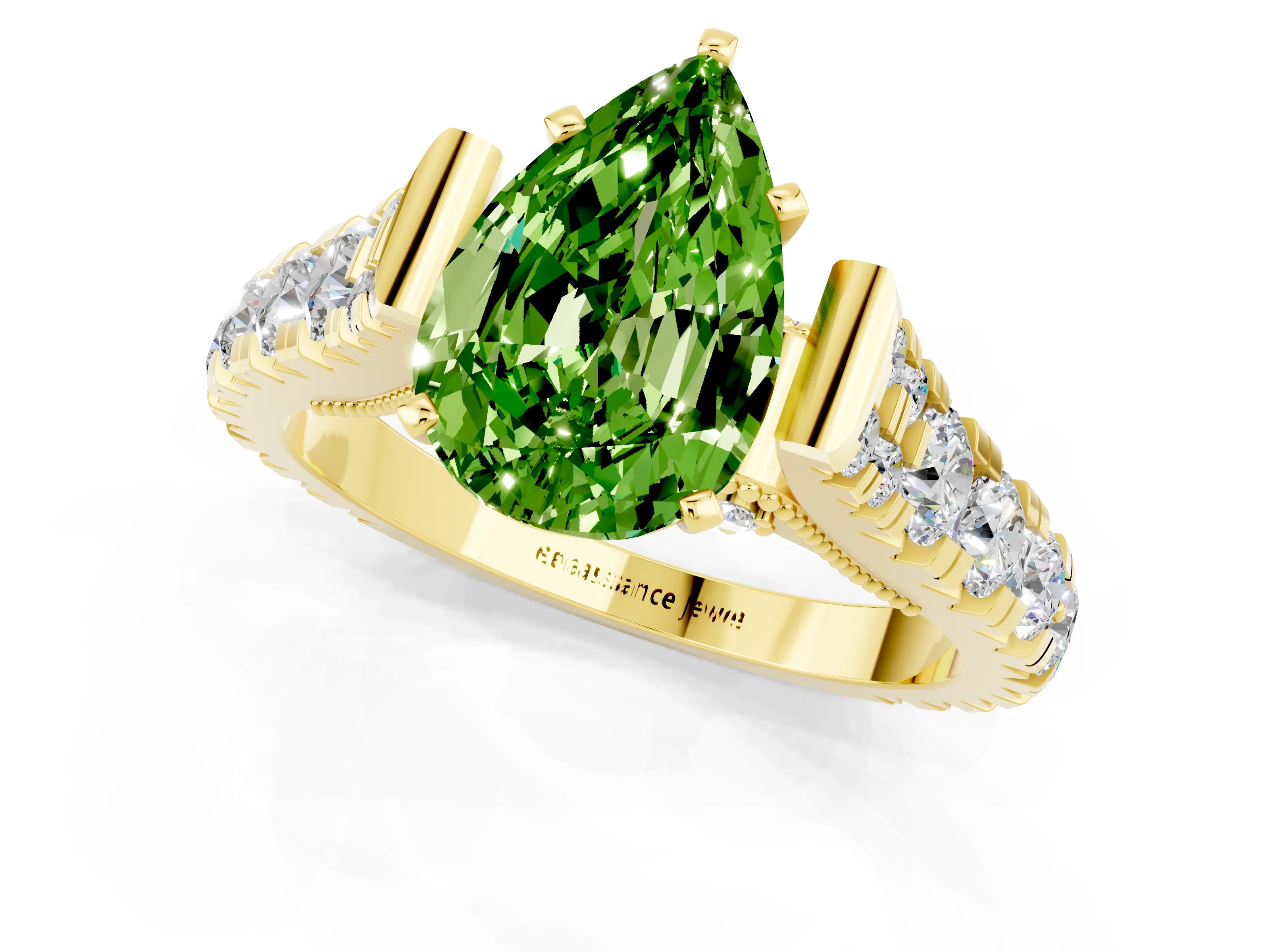 Yellow gold Pear Cut Peridot Classic Solitaire Ring with Pavé Band and Four-Prong Setting_1