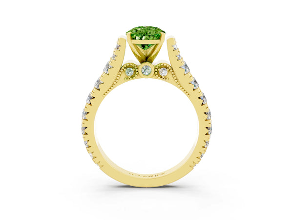 Yellow gold Pear Cut Peridot Classic Solitaire Ring with Pavé Band and Four-Prong Setting
