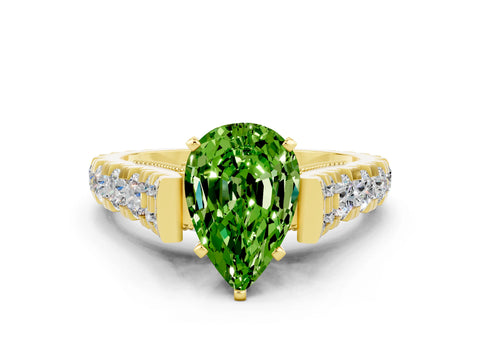 Yellow gold Pear Cut Peridot Classic Solitaire Ring with Pavé Band and Four-Prong Setting