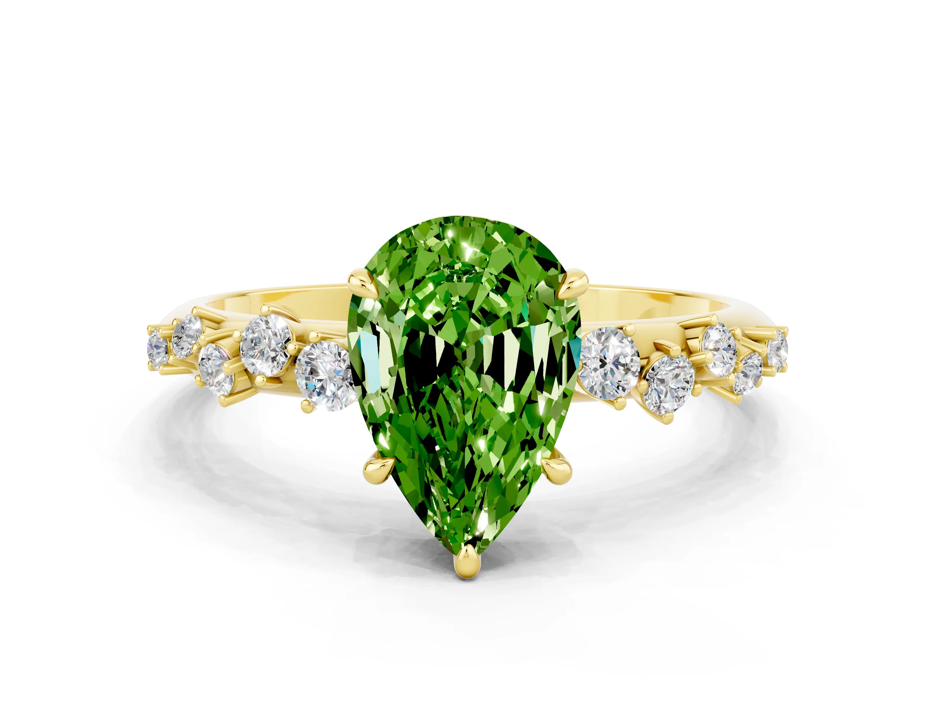 Yellow gold Pear Cut Peridot Cluster Side Stone Solitaire Ring with Prong Setting_24