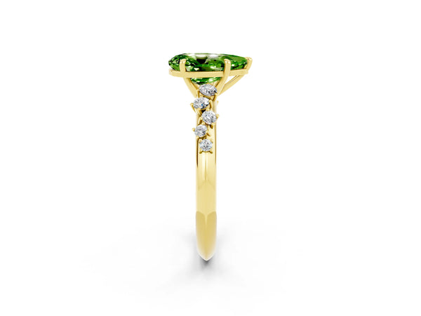Yellow gold Pear Cut Peridot Cluster Side Stone Solitaire Ring with Prong Setting