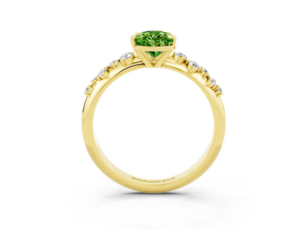 Yellow gold Pear Cut Peridot Cluster Side Stone Solitaire Ring with Prong Setting