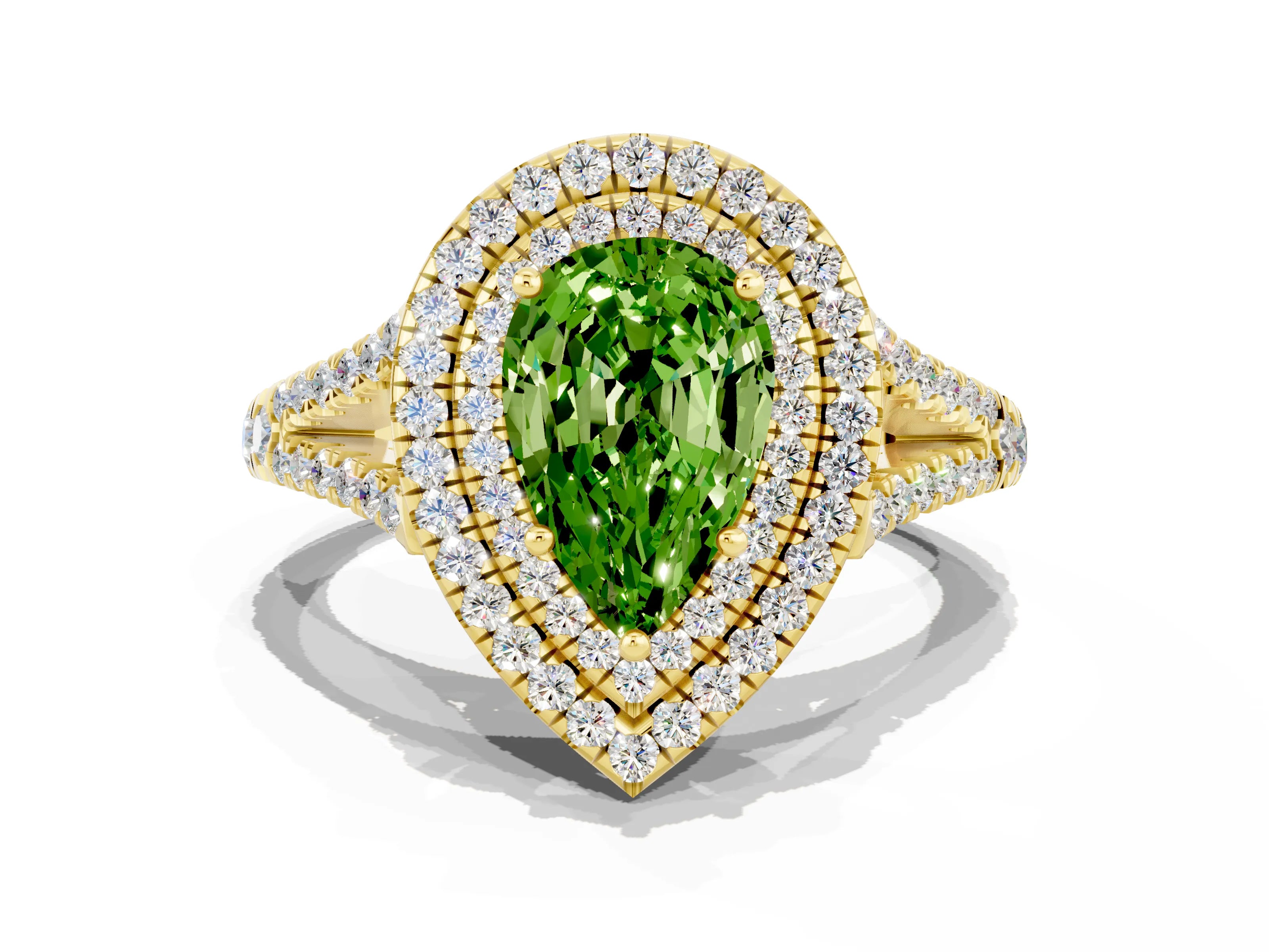 Yellow gold Pear Cut Peridot Double Halo Ring with Pavé Band and Prong Setting_12