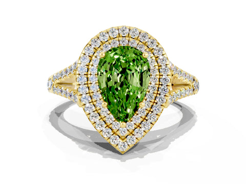 Yellow gold Pear Cut Peridot Double Halo Ring with Pavé Band and Prong Setting_12