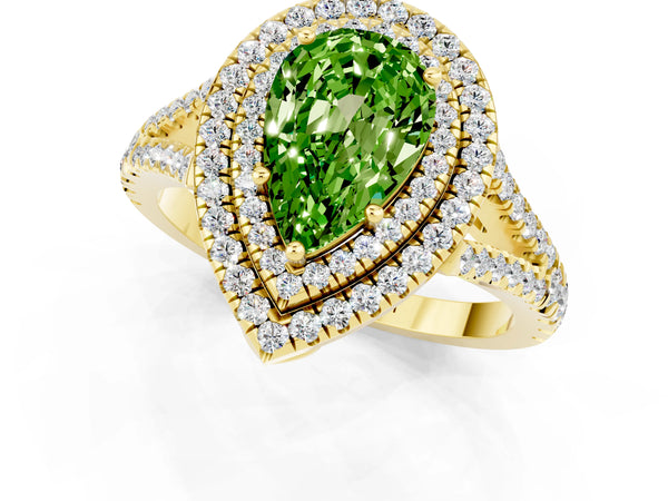 Yellow gold Pear Cut Peridot Double Halo Ring with Pavé Band and Prong Setting