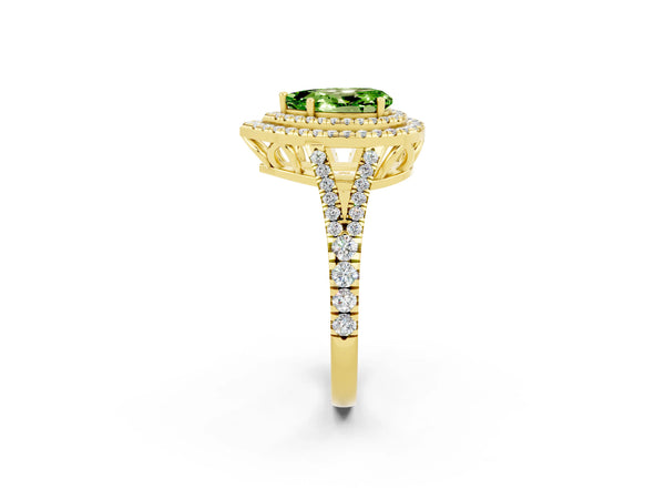 Yellow gold Pear Cut Peridot Double Halo Ring with Pavé Band and Prong Setting