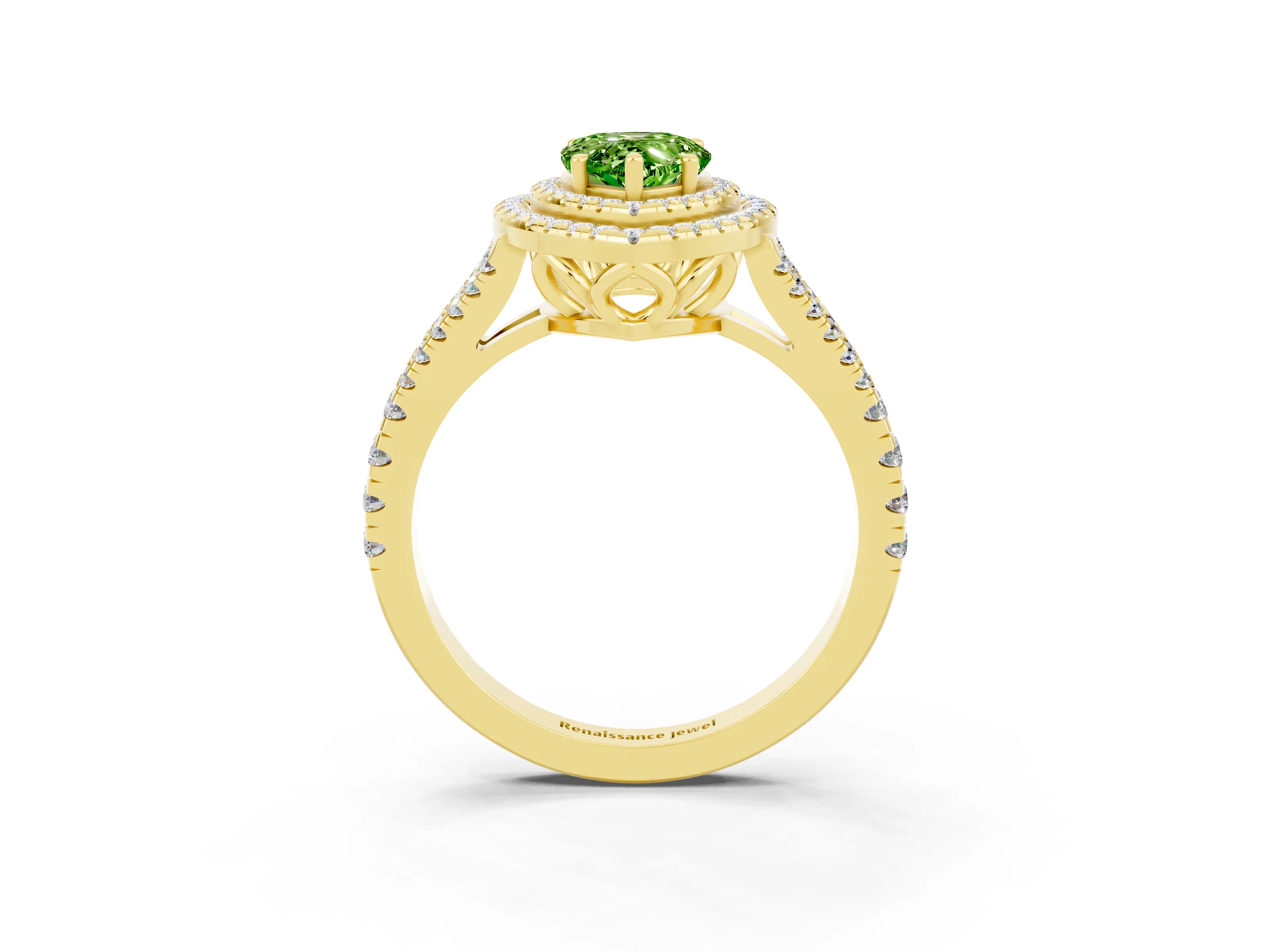 Yellow gold Pear Cut Peridot Double Halo Ring with Pavé Band and Prong Setting_15
