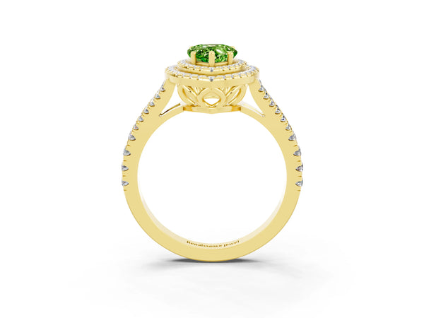 Yellow gold Pear Cut Peridot Double Halo Ring with Pavé Band and Prong Setting
