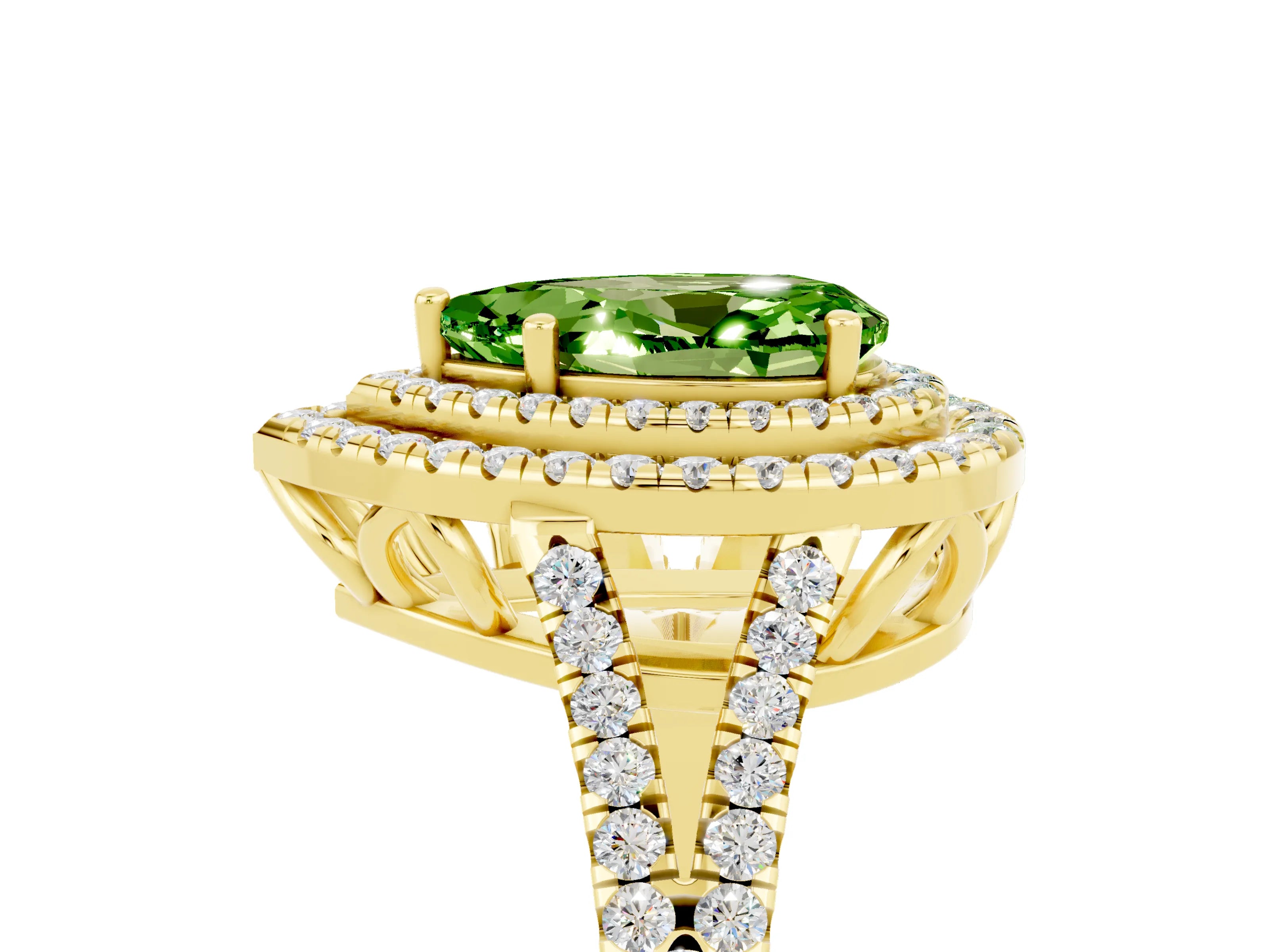 Yellow gold Pear Cut Peridot Double Halo Ring with Pavé Band and Prong Setting_17