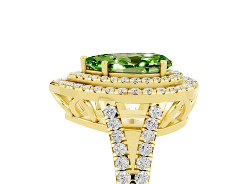 Yellow gold Pear Cut Peridot Double Halo Ring with Pavé Band and Prong Setting_17