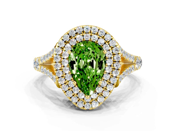 Yellow gold Pear Cut Peridot Double Halo Ring with Split Shank and Prong Setting
