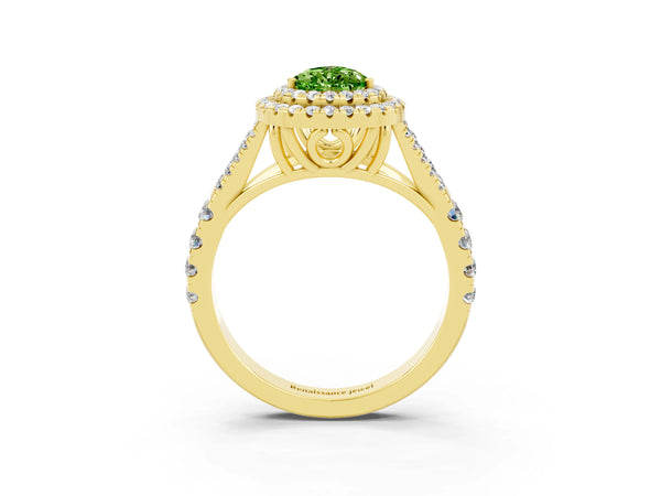 Yellow gold Pear Cut Peridot Double Halo Ring with Split Shank and Prong Setting