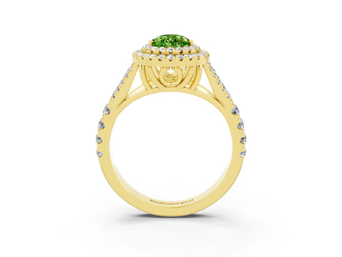 Yellow gold Pear Cut Peridot Double Halo Ring with Split Shank and Prong Setting_15
