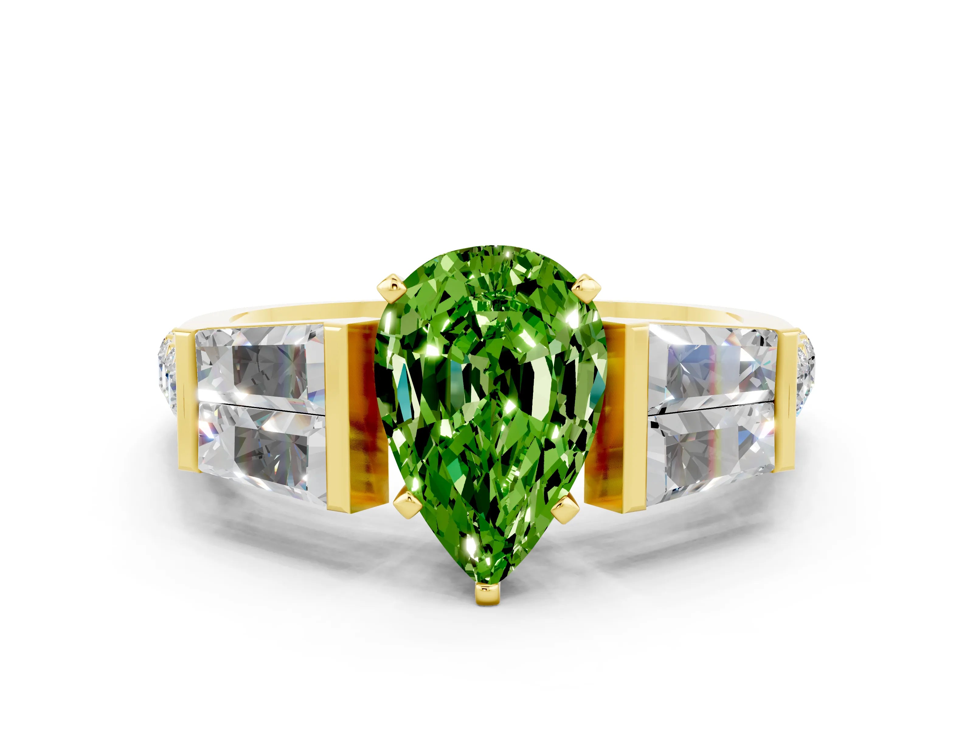 Yellow gold Pear Cut Peridot Engagement Ring with Baguette Side Stones and Channel Set Band