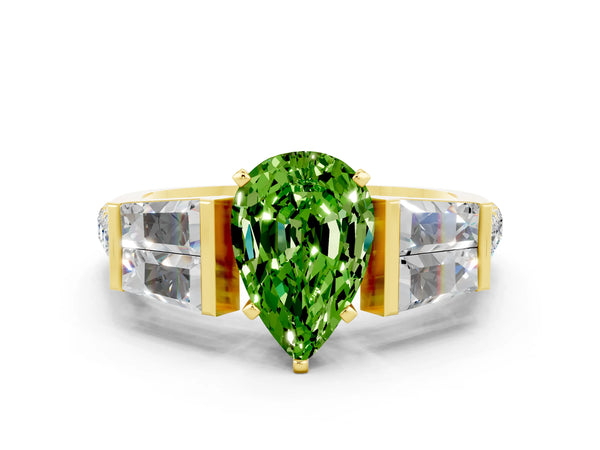 Yellow gold Pear Cut Peridot Engagement Ring with Baguette Side Stones and Channel Set Band