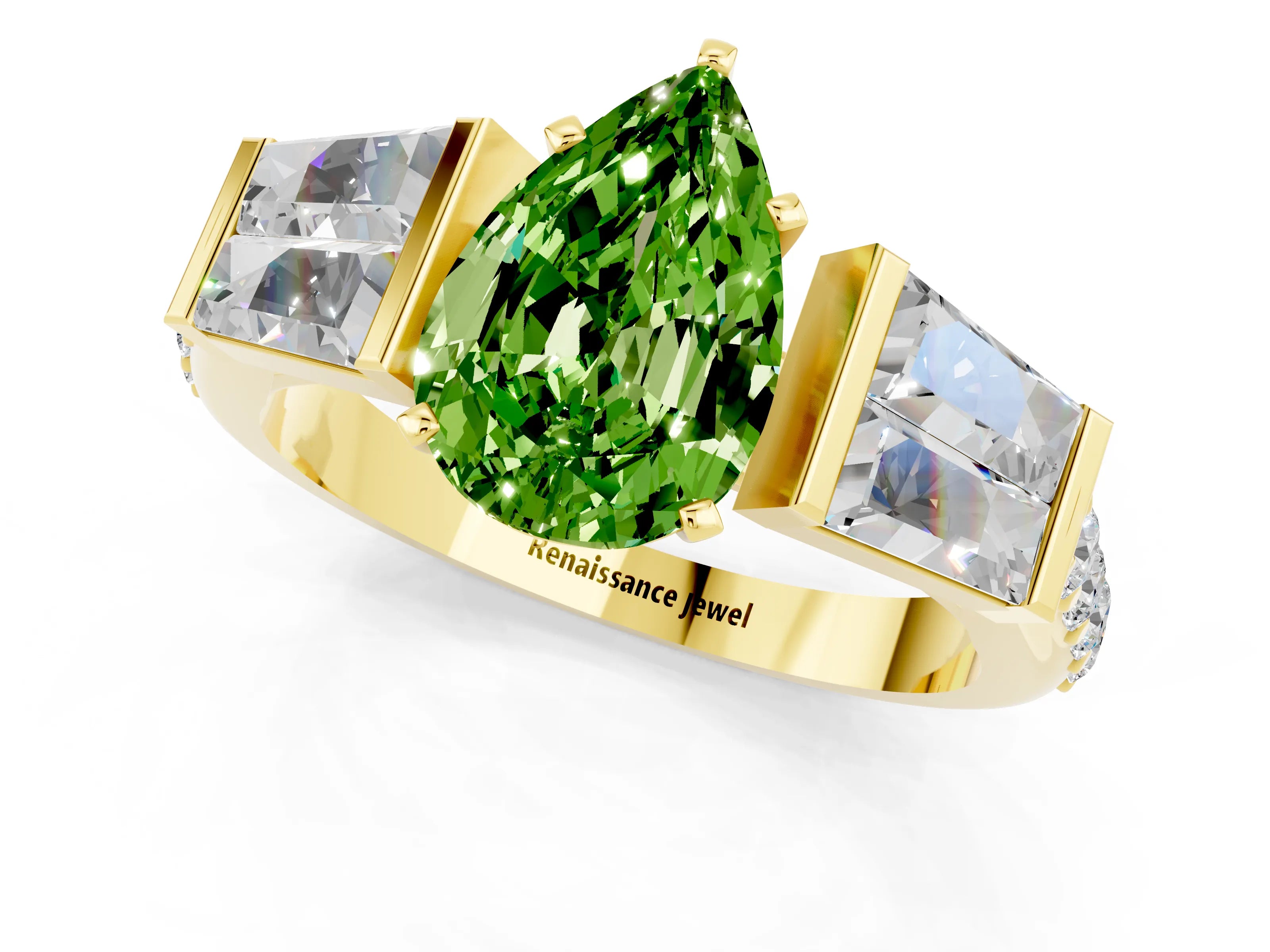 Yellow gold Pear Cut Peridot Engagement Ring with Baguette Side Stones and Channel Set Band_1