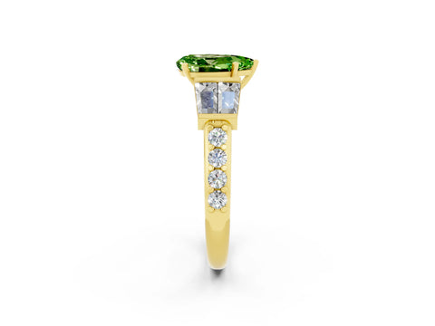 Yellow gold Pear Cut Peridot Engagement Ring with Baguette Side Stones and Channel Set Band_2