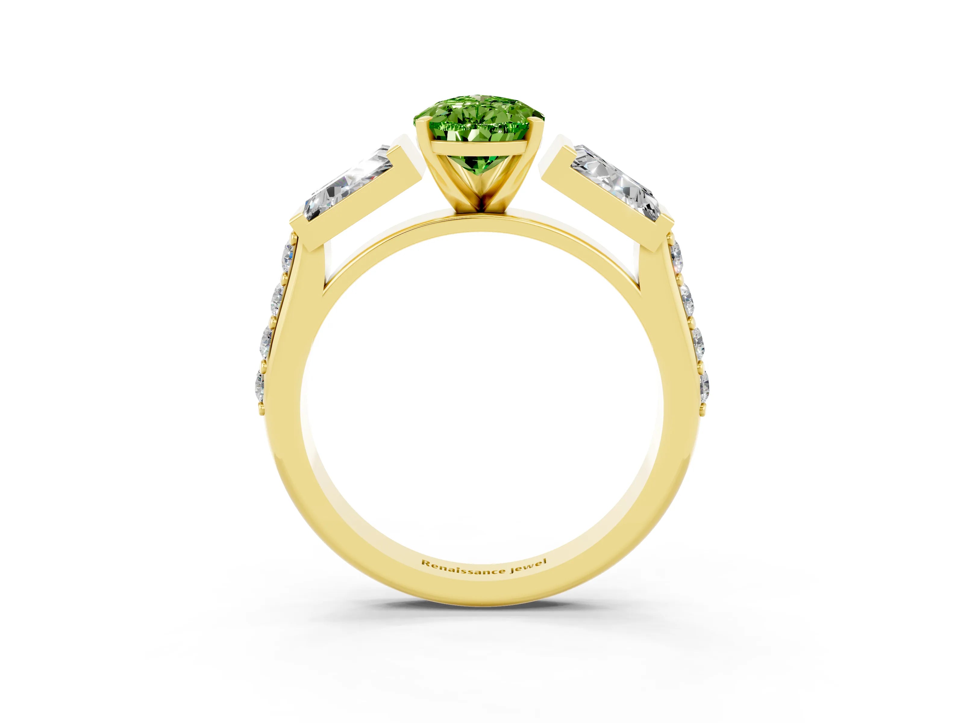 Yellow gold Pear Cut Peridot Engagement Ring with Baguette Side Stones and Channel Set Band_3