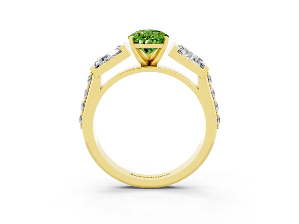 Yellow gold Pear Cut Peridot Engagement Ring with Baguette Side Stones and Channel Set Band