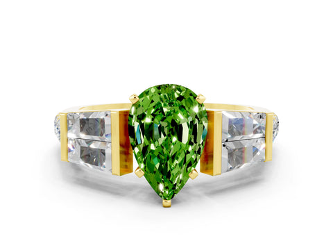 Yellow gold Pear Cut Peridot Engagement Ring with Baguette Side Stones and Channel Set Band