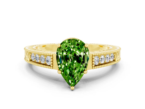 Yellow gold Pear Cut Peridot Engagement Ring with Milgrain Channel Set Band and Prong Setting