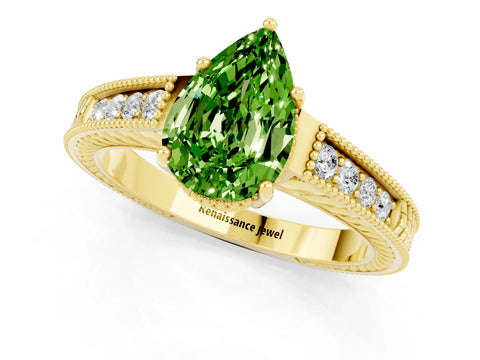 Yellow gold Pear Cut Peridot Engagement Ring with Milgrain Channel Set Band and Prong Setting_1