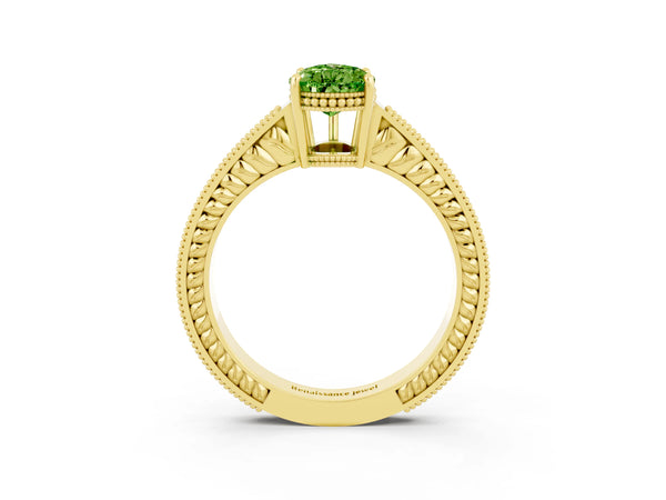 Yellow gold Pear Cut Peridot Engagement Ring with Milgrain Channel Set Band and Prong Setting