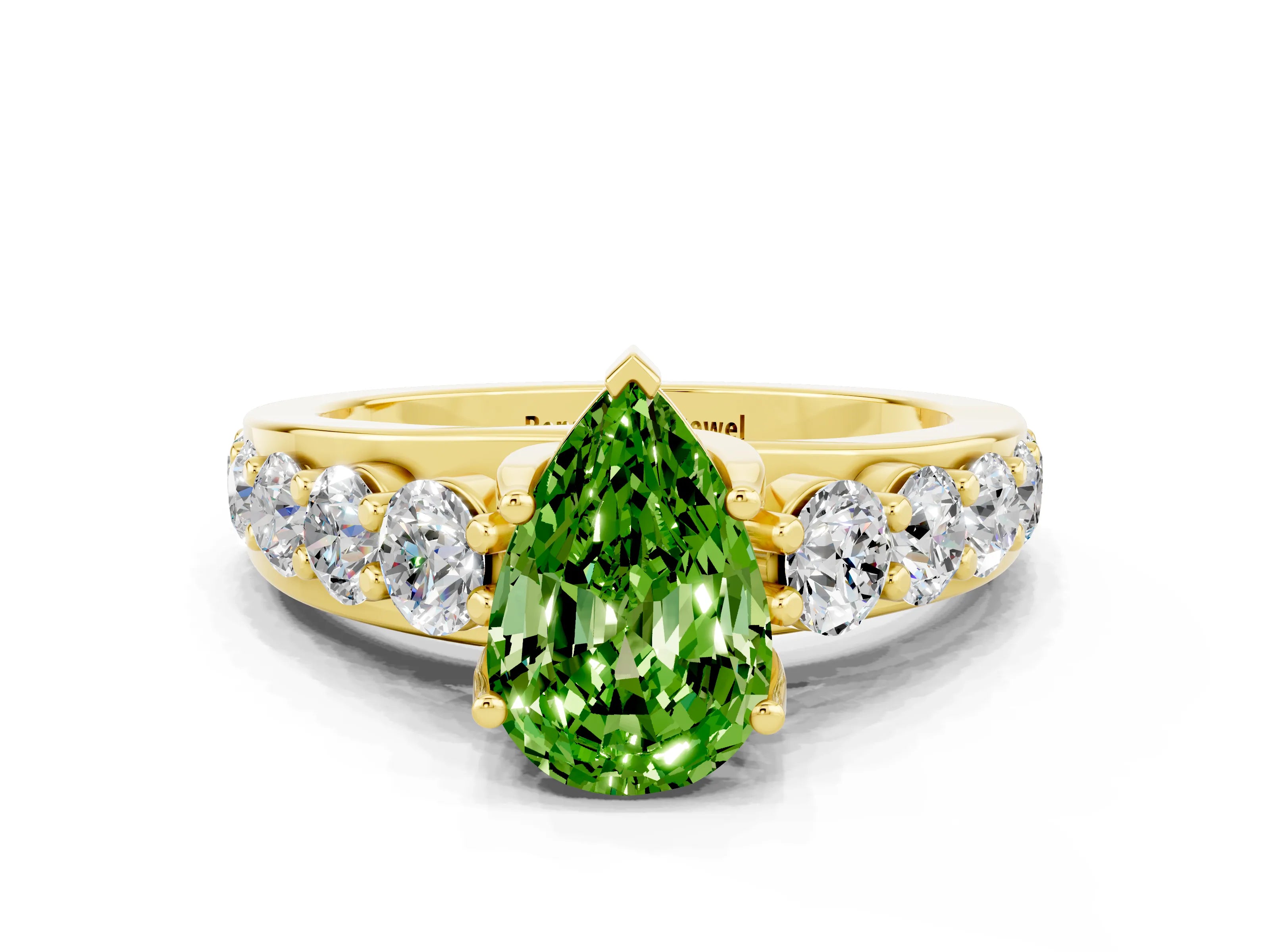 Yellow gold Pear Cut Peridot Engagement Ring with Pavé Band and Four-Prong Setting