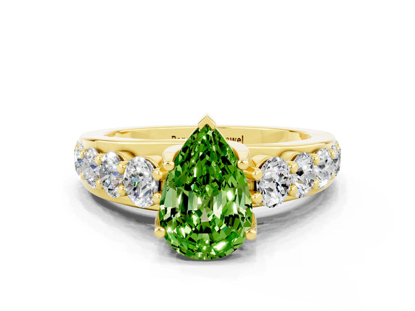 Yellow gold Pear Cut Peridot Engagement Ring with Pavé Band and Four-Prong Setting