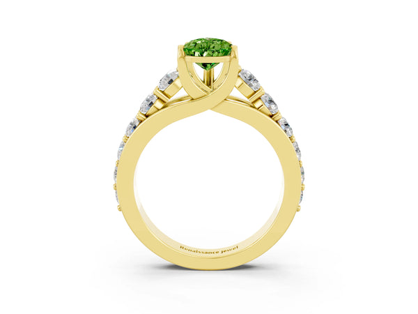 Yellow gold Pear Cut Peridot Engagement Ring with Pavé Band and Four-Prong Setting