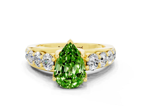 Yellow gold Pear Cut Peridot Engagement Ring with Pavé Band and Four-Prong Setting