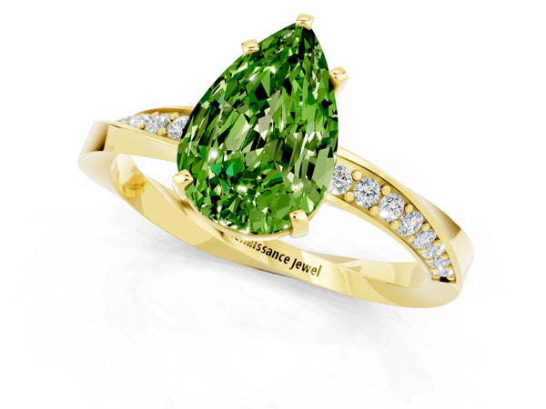 Yellow gold Pear Cut Peridot Engagement Ring with Side Stone Accents and Four-Prong Setting