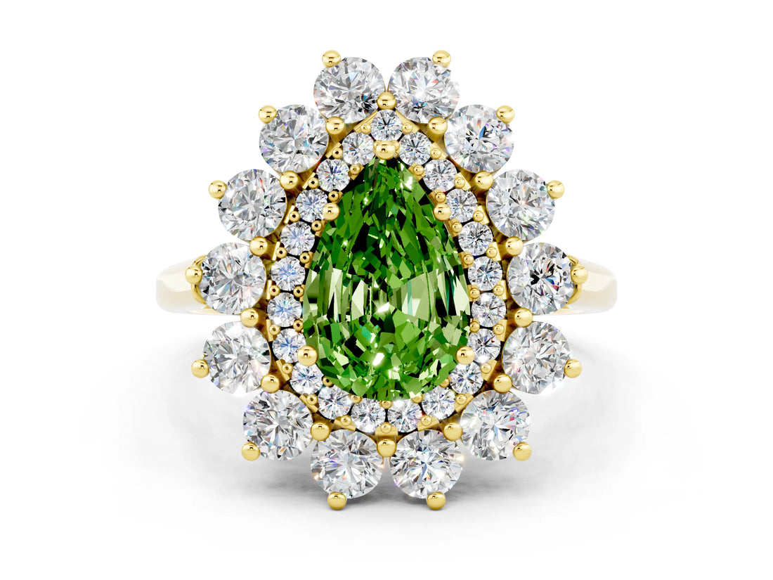 Yellow gold Pear Cut Peridot Floral Double Halo Engagement Ring with Prong Setting_60