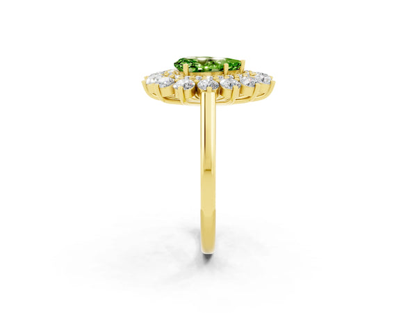 Yellow gold Pear Cut Peridot Floral Double Halo Engagement Ring with Prong Setting