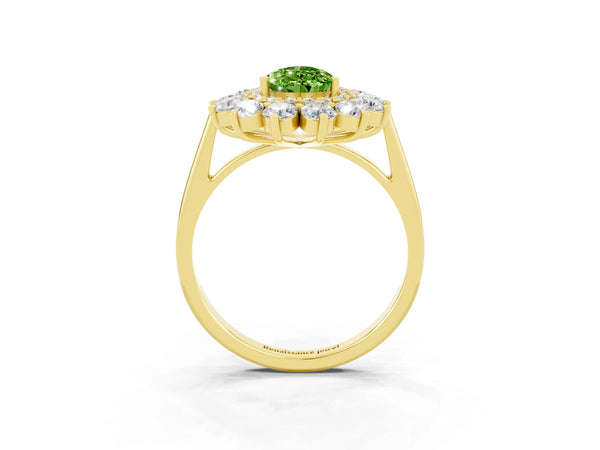 Yellow gold Pear Cut Peridot Floral Double Halo Engagement Ring with Prong Setting
