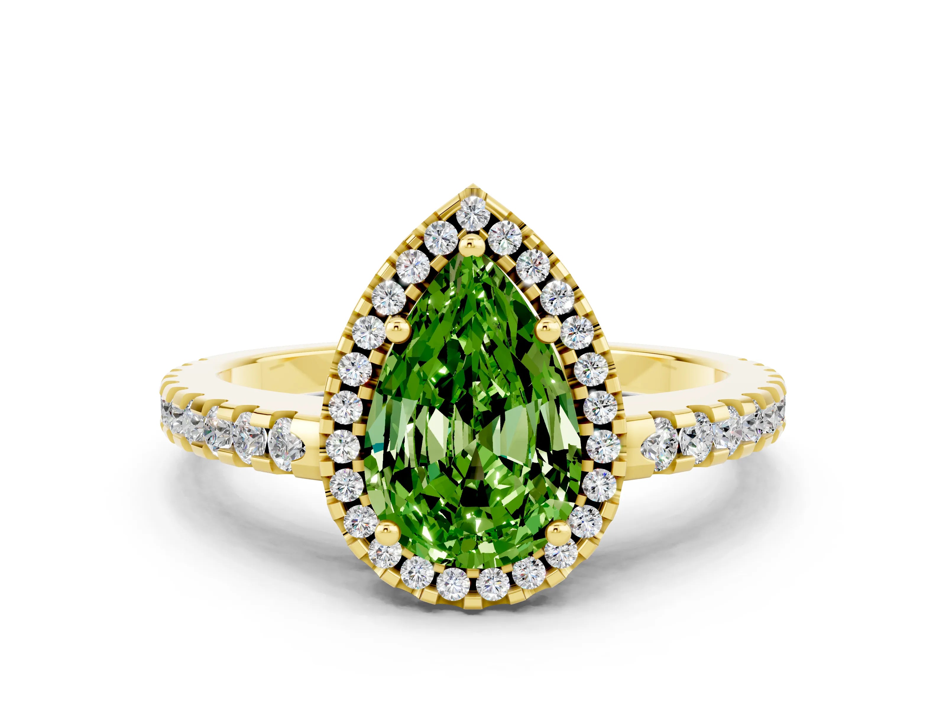 Yellow gold Pear Cut Peridot Halo Engagement Ring with Pavé Band and Prong Setting_12
