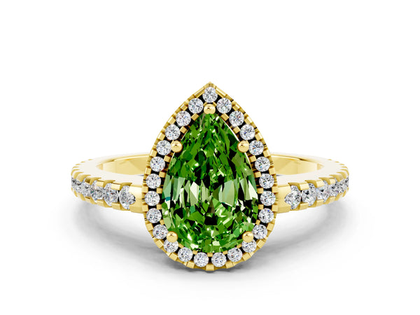 Yellow gold Pear Cut Peridot Halo Engagement Ring with Pavé Band and Prong Setting