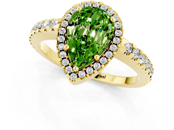 Yellow gold Pear Cut Peridot Halo Engagement Ring with Pavé Band and Prong Setting