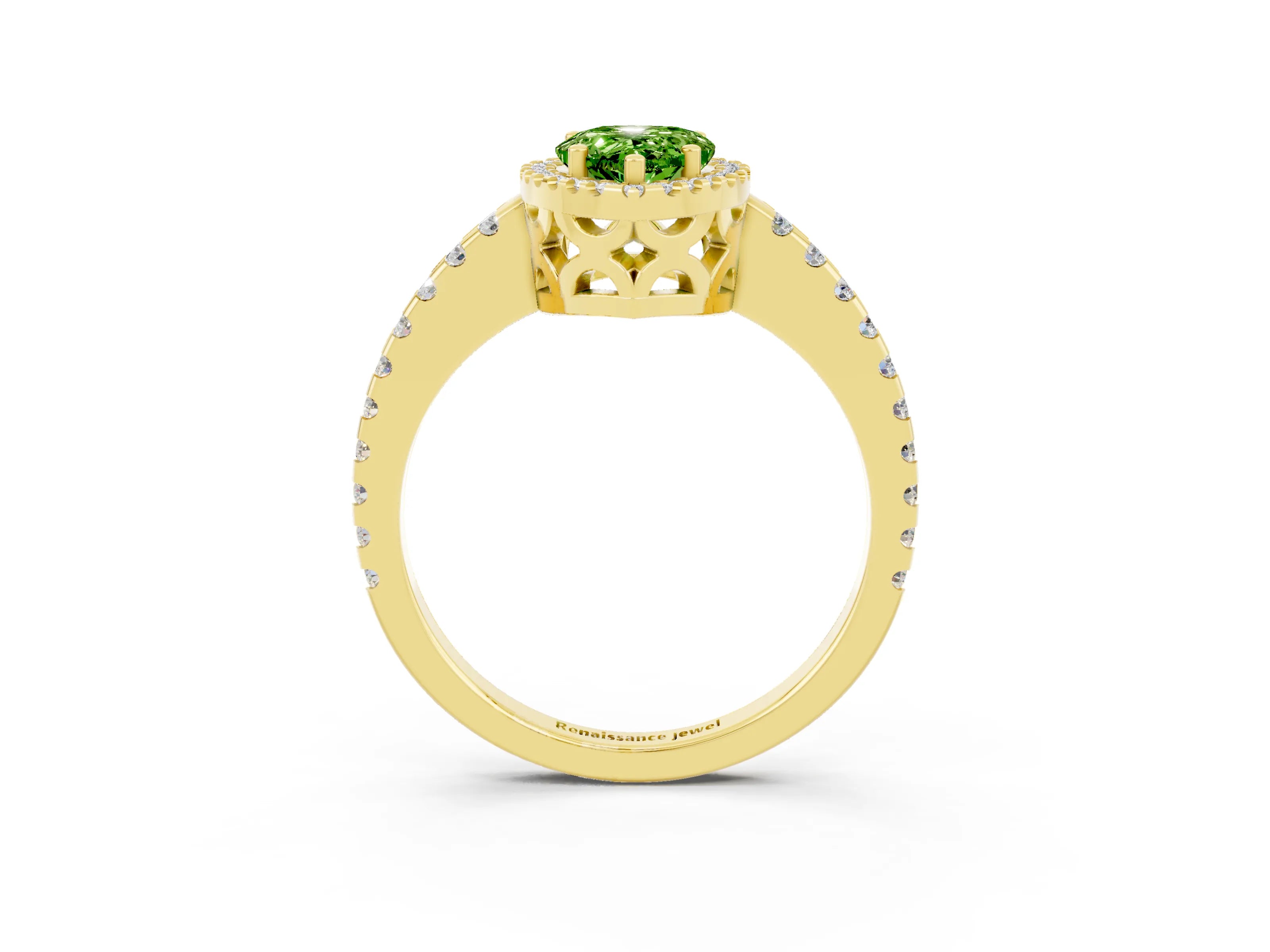 Yellow gold Pear Cut Peridot Halo Engagement Ring with Pavé Band and Prong Setting_15