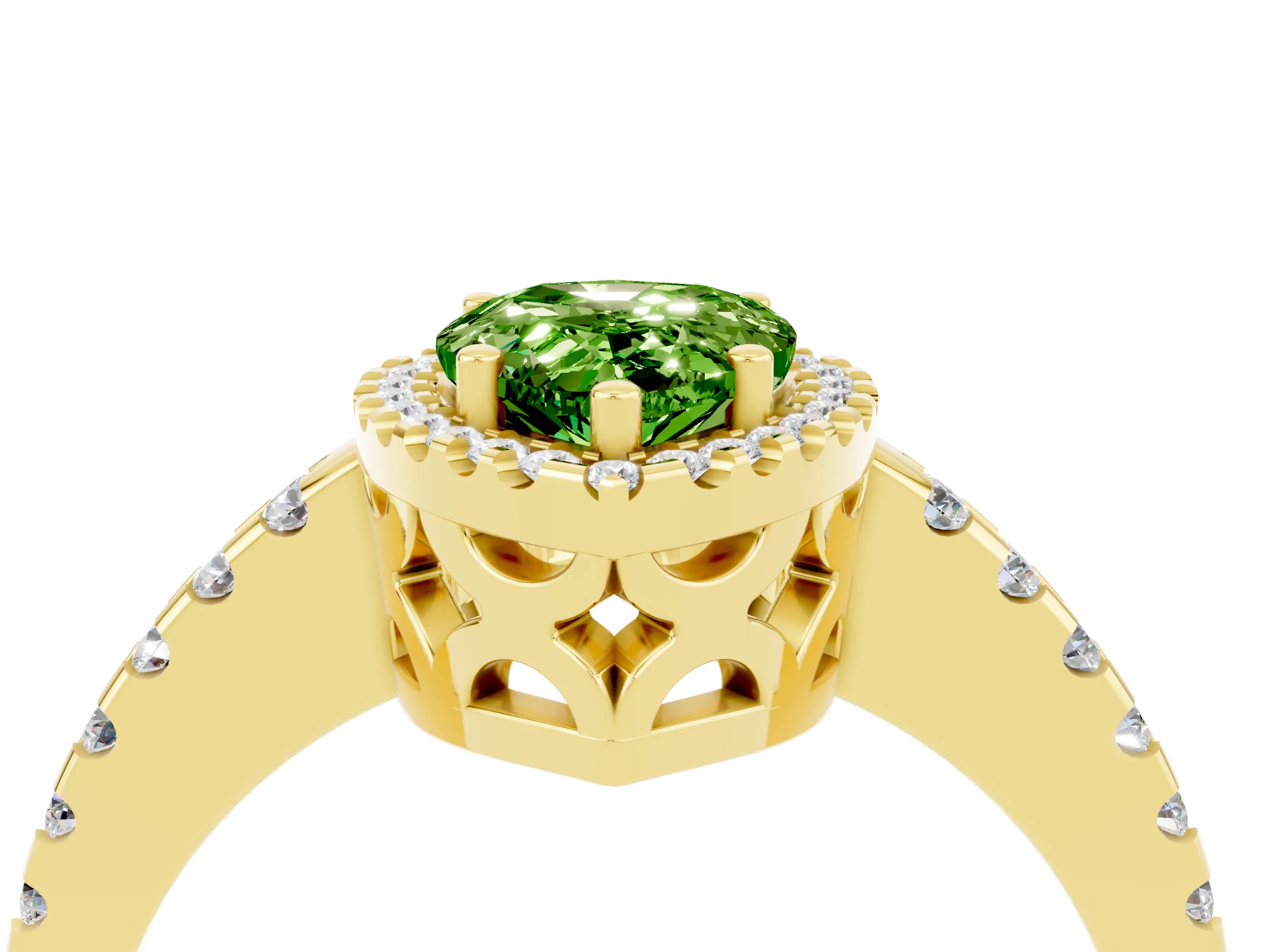 Yellow gold Pear Cut Peridot Halo Engagement Ring with Pavé Band and Prong Setting_16