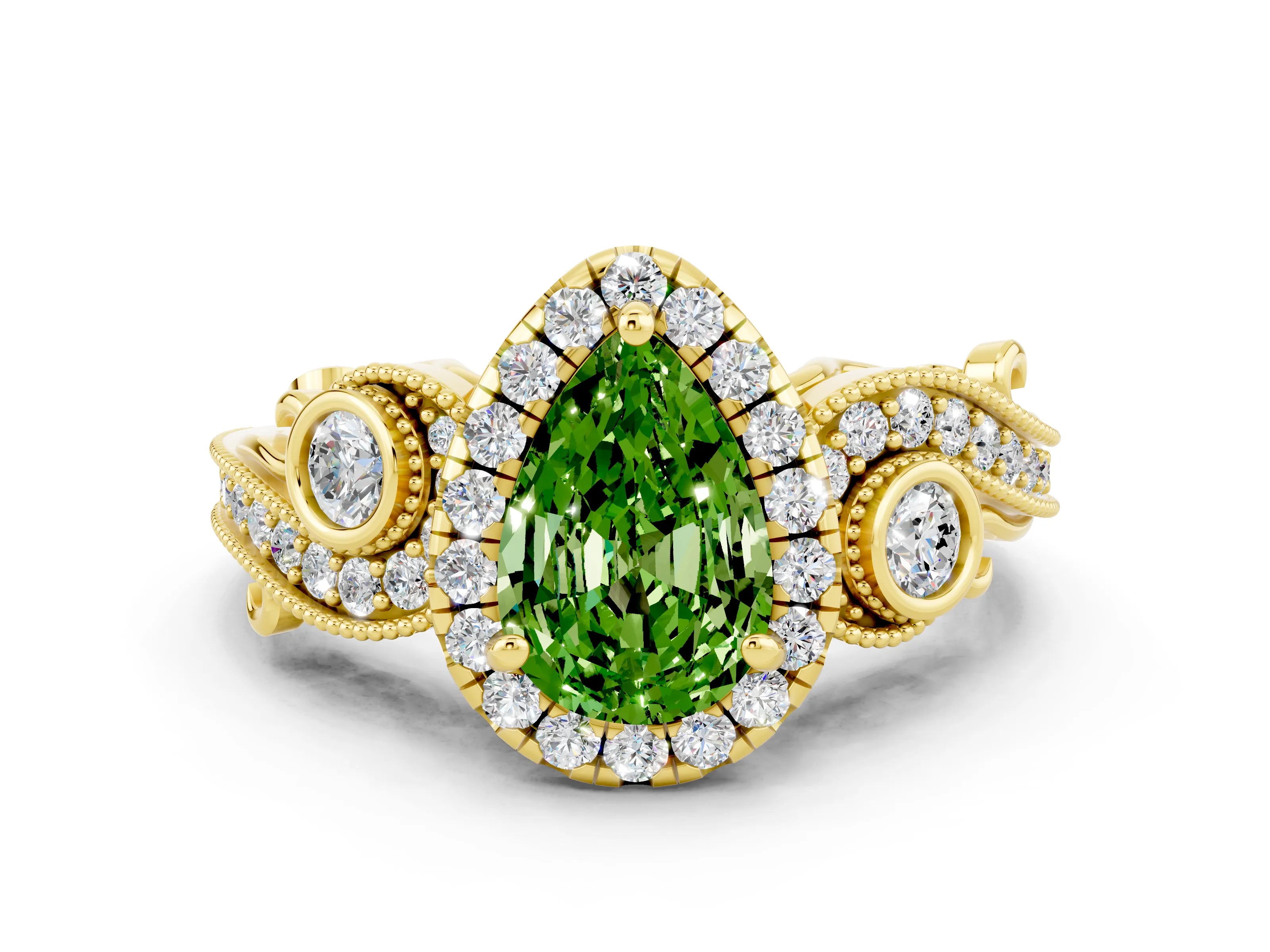 Yellow gold Pear Cut Peridot Halo Ring with Milgrain Pavé Band and Four-Prong Setting_12