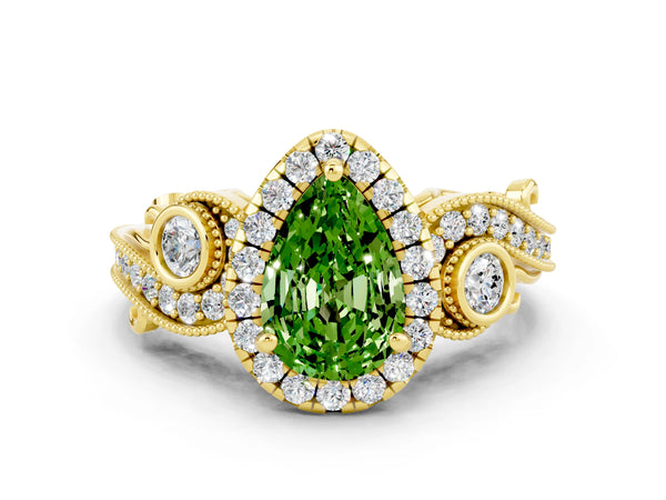 Yellow gold Pear Cut Peridot Halo Ring with Milgrain Pavé Band and Four-Prong Setting