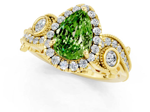 Yellow gold Pear Cut Peridot Halo Ring with Milgrain Pavé Band and Four-Prong Setting_13
