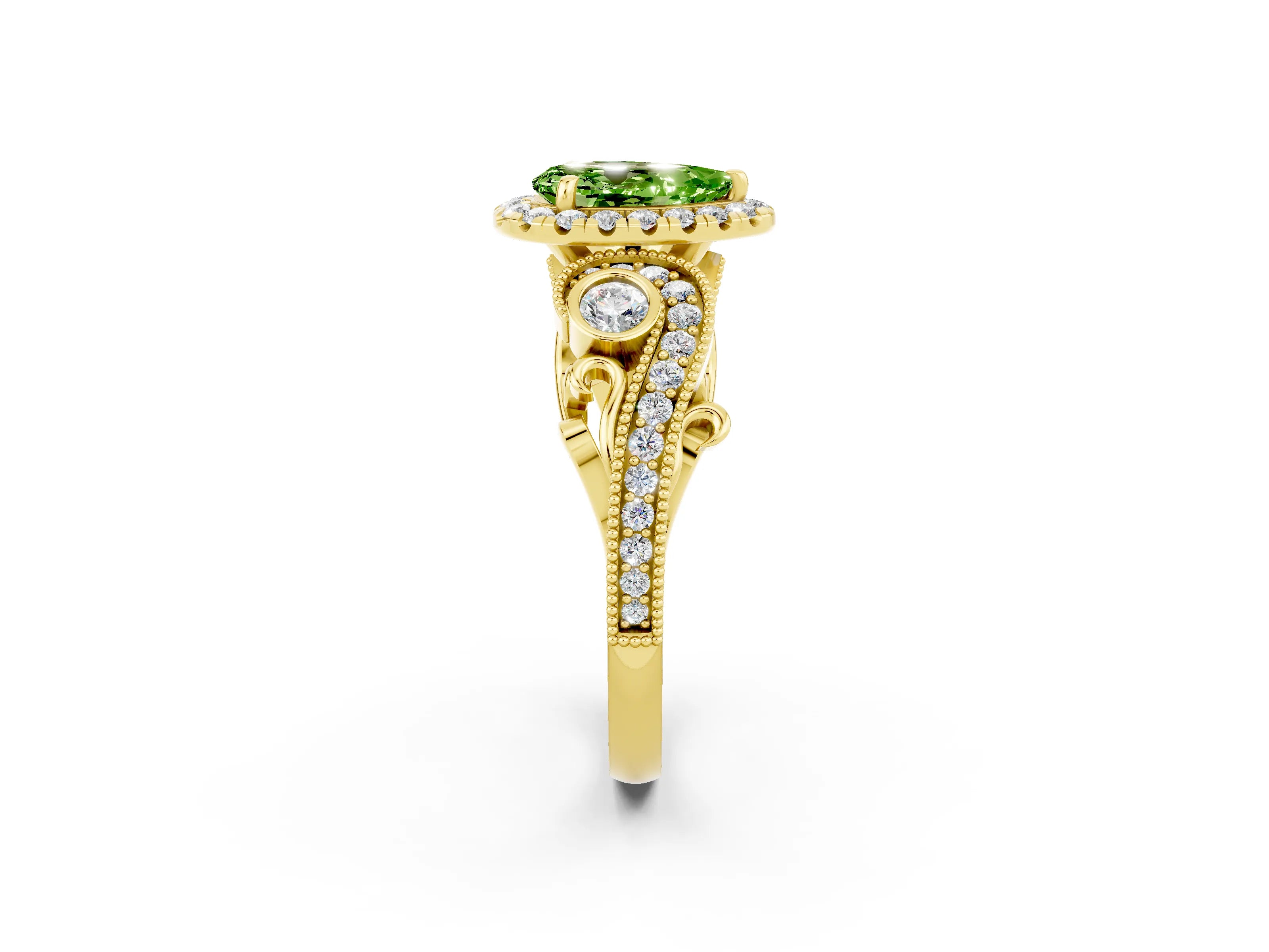 Yellow gold Pear Cut Peridot Halo Ring with Milgrain Pavé Band and Four-Prong Setting_14