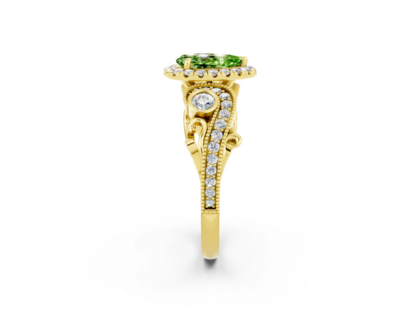 Yellow gold Pear Cut Peridot Halo Ring with Milgrain Pavé Band and Four-Prong Setting