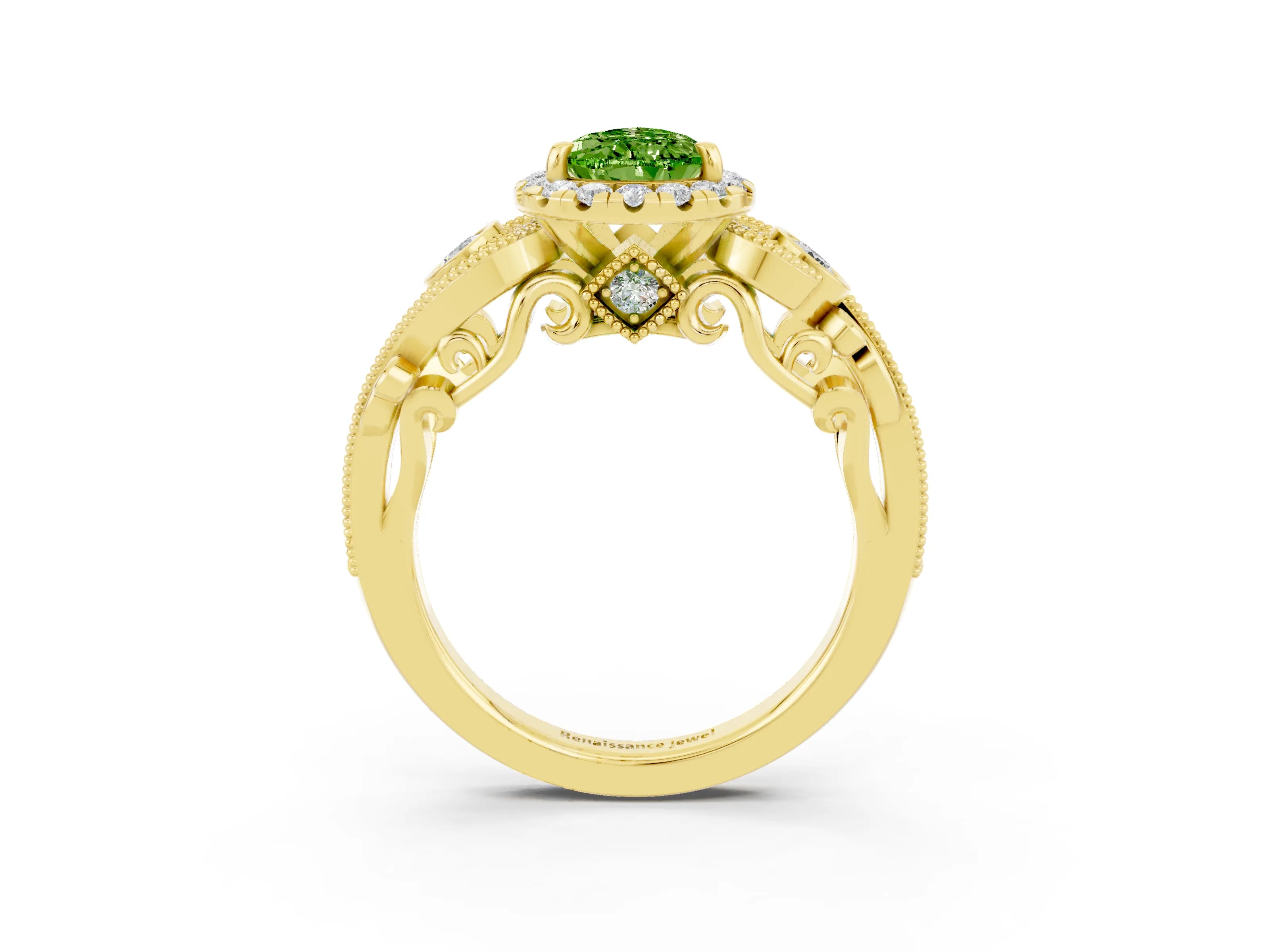 Yellow gold Pear Cut Peridot Halo Ring with Milgrain Pavé Band and Four-Prong Setting_15
