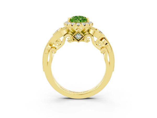Yellow gold Pear Cut Peridot Halo Ring with Milgrain Pavé Band and Four-Prong Setting